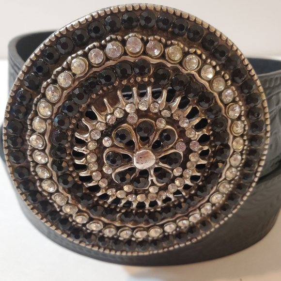 Perry Ellis Genuine Leather Tooled Black Bling Belt - Picture 2 of 11